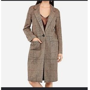 Express Plaid Midi Overcoat Academia Chic Longline Brown Houndstooth Old Money